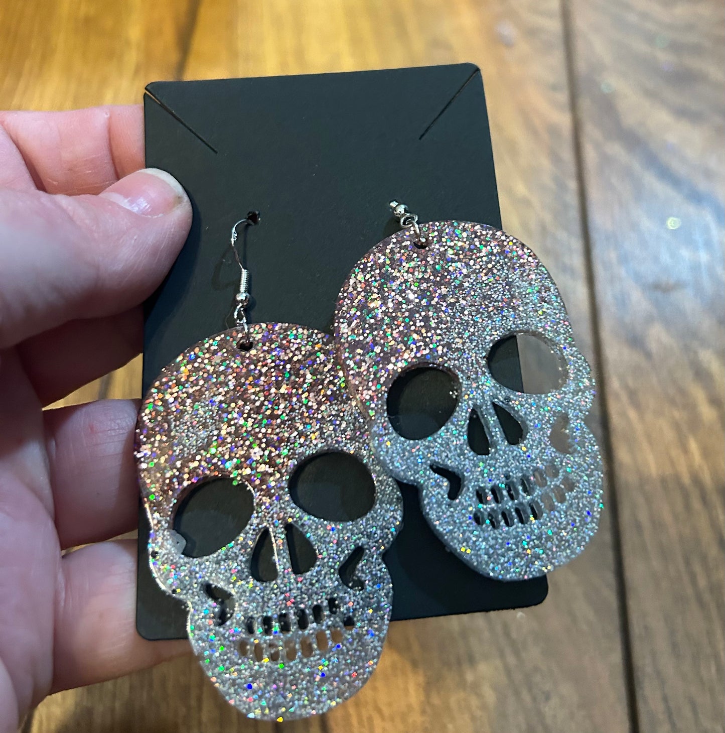 Champagne & Silver Glitter Skull Earrings