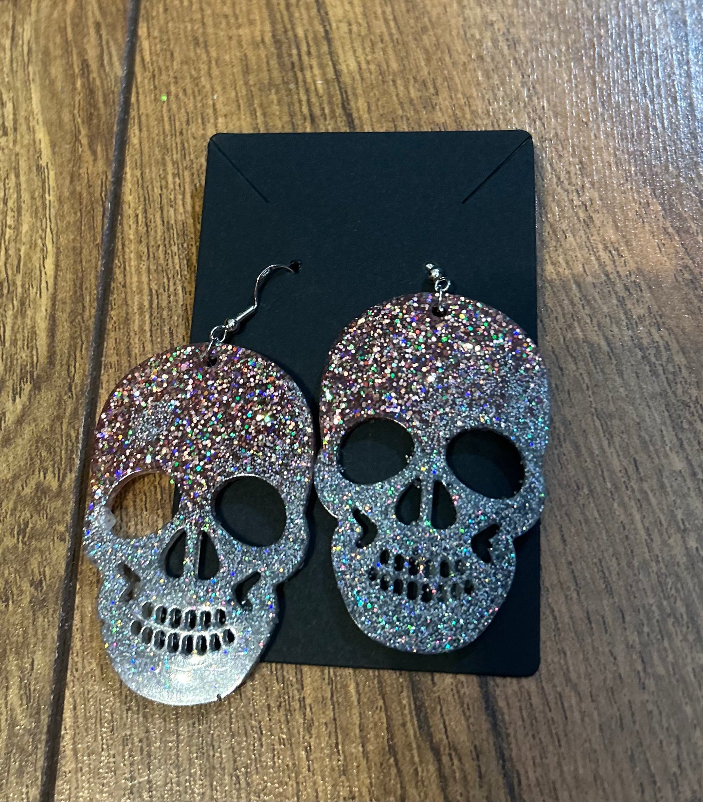 Champagne & Silver Glitter Skull Earrings