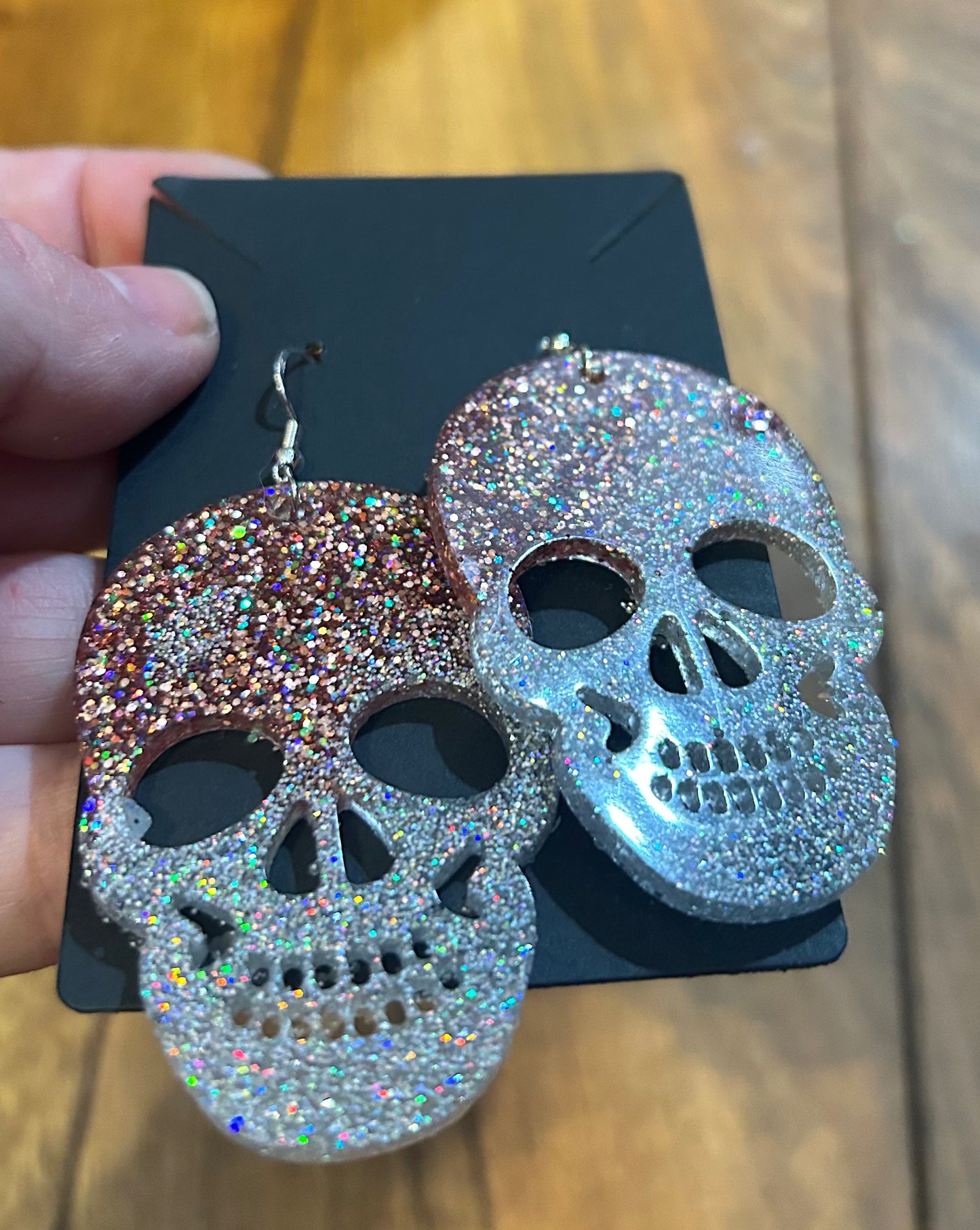 Champagne & Silver Glitter Skull Earrings