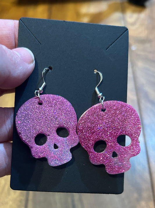 Pink Glitter Skull Earrings