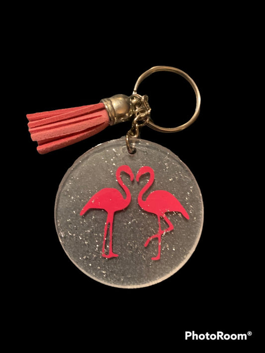 Pink Flamingo Keychain with resin cover. Sparkling